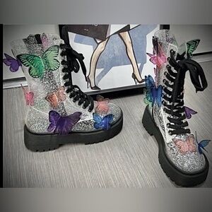 Dolls Kill Club EXX 3D butterfly Terrarium combat boots silver glitter size 5